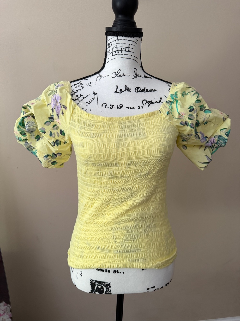 INC International Concepts Yellow Smocked Top with Floral Puff Sleeves